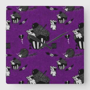 Horloge Carrée Cupcakes crâne motif doodle goth violet