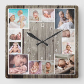 Horloge Carrée Custom 12 Family Photo Collage Rustic Wood   (Recto)