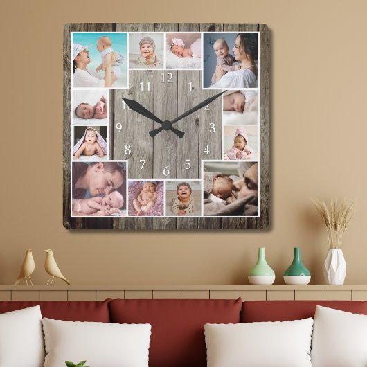 Horloge Carrée Custom 12 Family Photo Collage Rustic Wood  