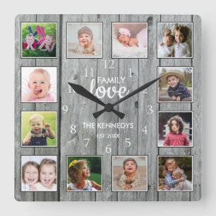 Horloge Carrée Custom 12 Photo Collage Family Love Gray Wood