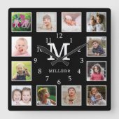 Horloge Carrée Custom 12 Photo Collage Family Nom Monogram Black (Recto)