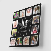 Horloge Carrée Custom 12 Photo Collage Family Nom Monogram Black (Angle)