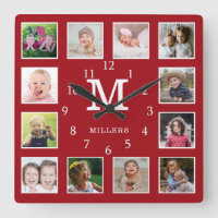 Custom 12 Photo Collage Family Nom Monogram Red