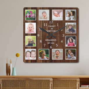 Horloge Carrée Custom 12 Photo Collage Family Quota Pallet Wood