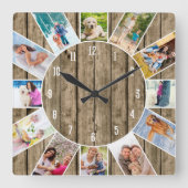 Horloge Carrée Custom 12 Photo Collage Rustique Bois naturel (Recto)