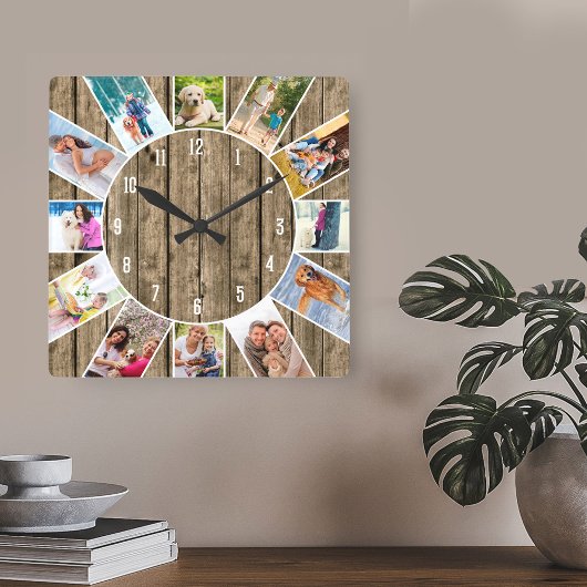 Horloge Carrée Custom 12 Photo Collage Rustique Bois naturel