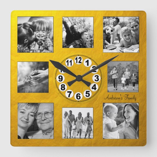 Horloge Carrée Custom 8 Photo Collage Golden Retro Family / Gold (Recto)