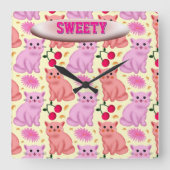 Horloge Carrée Custom Cute Cat Cherry Floral Pattern (Recto)
