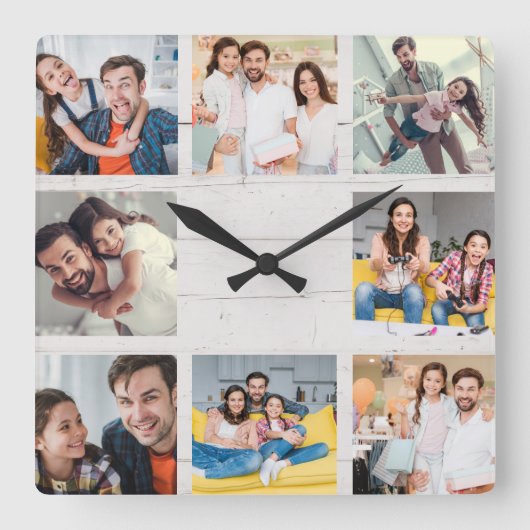 Horloge Carrée Custom Family Photo Collage Rustic Modern Wood (Recto)