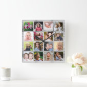 Horloge Carrée Custom Grey Wood 16 Carré Family Photo Collage (Maison)
