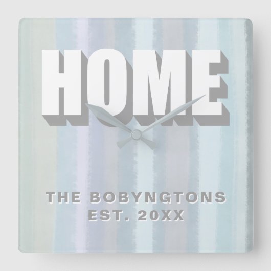Horloge Carrée Custom Home Nom de famille pastel rayures neutres (Recto)