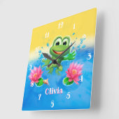 Horloge Carrée Custom Kid’s square clock Leaping frog design. (Angle)