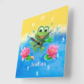 Horloge Carrée Custom Kid’s square clock Leaping frog design. (Angle)