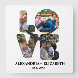 Horloge Carrée Custom modern love 4 photo collage pour couples