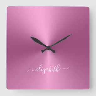Horloge Carrée Custom Name Soft Pink Metallic Style acrylique
