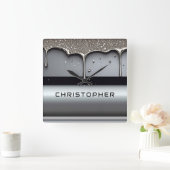 Horloge Carrée Custom Name With Dripping Liquid Metal (Maison)