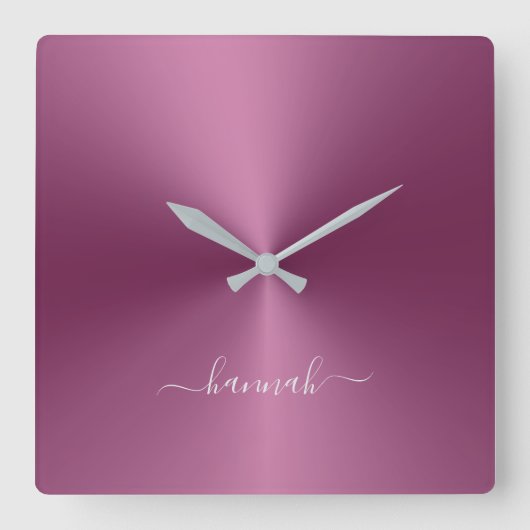 Horloge Carrée Custom Nom Magenta Metallic Style acrylique (Recto)