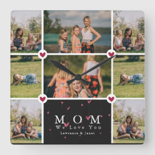 Horloge Carrée Custom Personalized Love You Maman 8 Photo collage