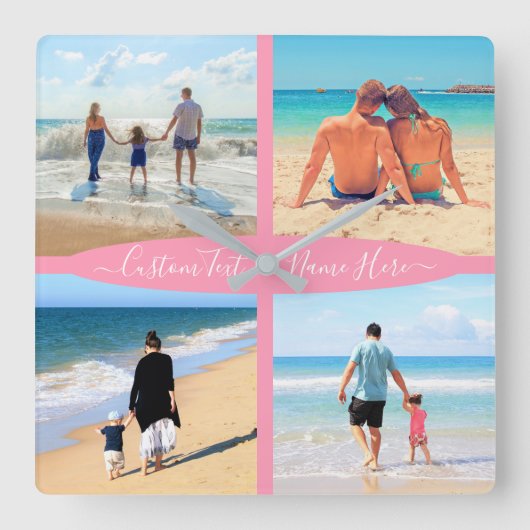 Horloge Carrée Custom Photo Collage Text Family Love Personalized (Recto)