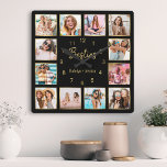 Horloge Carrée Custom Photo de Collage Besties Gold Black<br><div class="desc">Make this trendy elegant black and gold photo collage wall clock unique with 12 of your favorite photos with your best friend(s). Les objets de design ont donc été modernes avec des script and your names.</div>