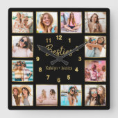 Horloge Carrée Custom Photo de Collage Besties Gold Black (Recto)
