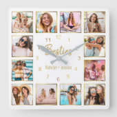 Horloge Carrée Custom Photo de Collage Besties Gold White (Recto)