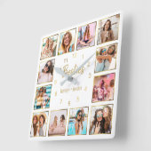 Horloge Carrée Custom Photo de Collage Besties Gold White (Angle)