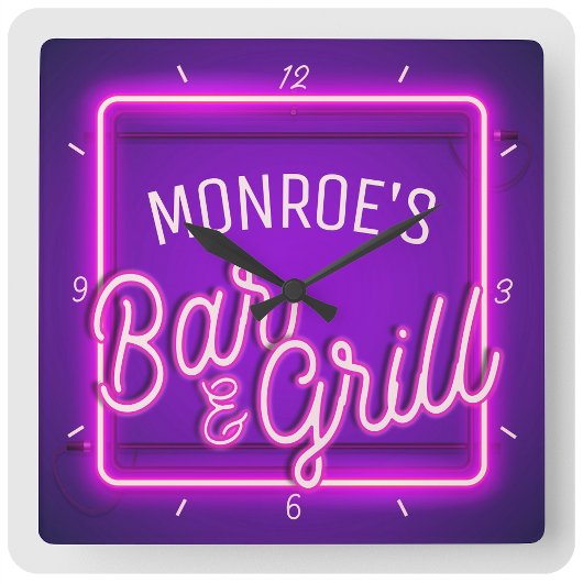 Horloge Carrée Custom YOUR NAME Faux Neon Sign Retro Bar Grill
