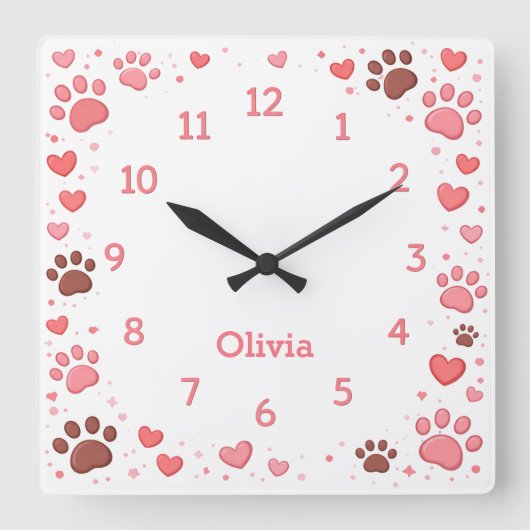 Horloge Carrée Customizable Name Pet Paw Print Wall Clock (Recto)