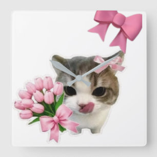 Horloge Carrée Cute Aesthetic Cat with Pink Bows Wall Clock - Coq