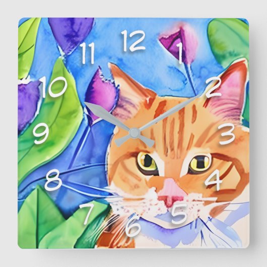 Horloge Carrée Cute Aquarelle Chat Orange (Recto)