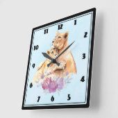 Horloge Carrée Cute aquarelle Mère Lion & Cube (Angle)