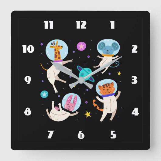 Horloge Carrée Cute astronaute Animaux flottant dans l'espace (Recto)