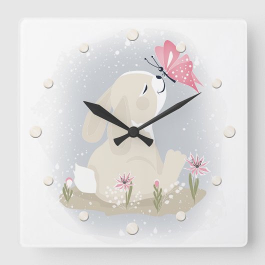 Horloge Carrée Cute baby Bunny et butterfly. (Recto)