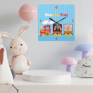Horloge Carrée Cute Blue Stripes Pattern Toy Train Boys Birthday 