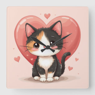 Horloge Carrée Cute Calico Cat Heart Kawaii Valentine's Art