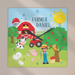 Horloge Carrée Cute Cartoon Barnyard Animaux, Fermier et tracteur
