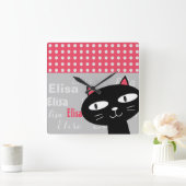 Horloge Carrée Cute Chat Noir Pois Rose Ajouter Votre Nom (Maison)