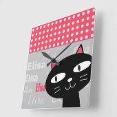 Horloge Carrée Cute Chat Noir Pois Rose Ajouter Votre Nom (Angle)