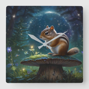 Horloge Carrée Cute Chipmunk sur Champignons au clair de lune