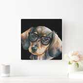 Horloge Carrée Cute Dachshund avec lunettes noires (Maison)