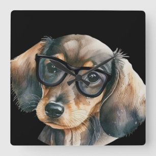 Horloge Carrée Cute Dachshund avec lunettes noires