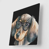 Horloge Carrée Cute Dachshund avec lunettes noires (Angle)