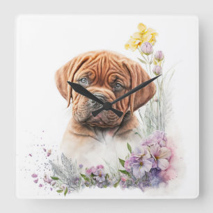 HORLOGE CARRÉE CUTE DOGUE DE BORDEAUX PUPPY DOG & FLEURS