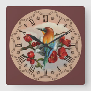Horloge Carrée Cute et Colorful Bird on a Branch of Flowers