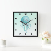 Horloge Carrée Cute et Joyeuse méduse bleu-vert (Maison)