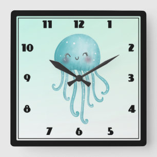 Horloge Carrée Cute et Joyeuse méduse bleu-vert