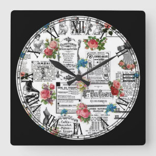 Horloge Carrée Cute French Newspaper Roman Numeral