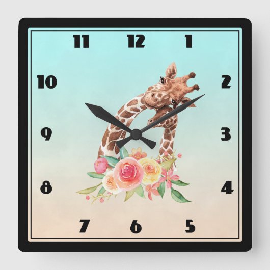 Horloge Carrée Cute Giraffe Aquarelle Maman & Bébé (Recto)