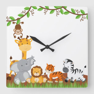 Horloge Carrée Cute Jungle Baby Animals Wall Clocks